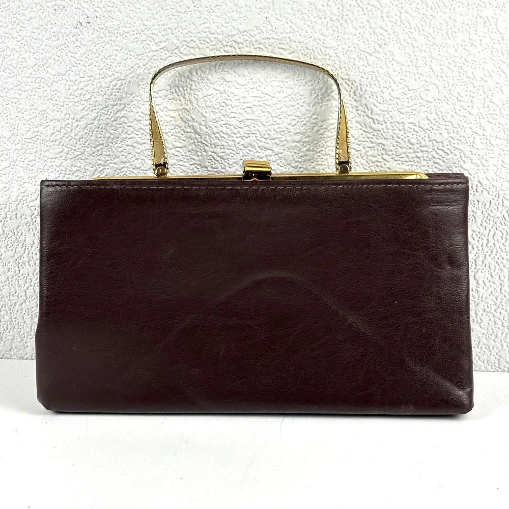 Vintage Leather‎ Clutch Bag Womens OS Brown Gold Handle Kiss Lock MCM 50's 60's